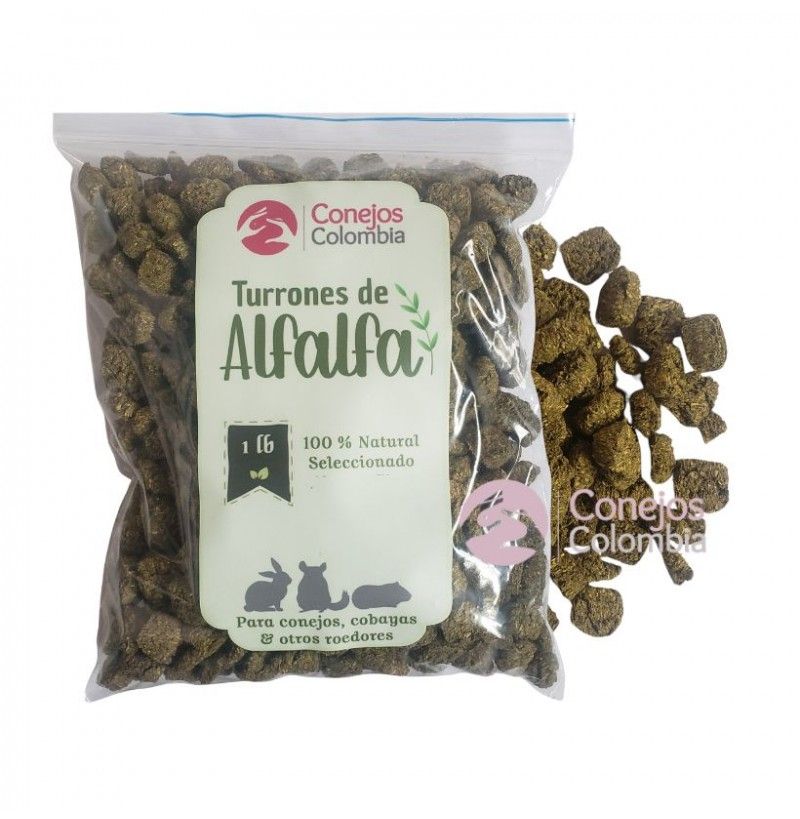 Turrones de alfalfa para conejos, cobayas y chinchillas. Aportan variedad a la dieta. Conejos Colombia.